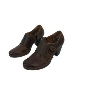 BOC Born Concept Brown Leather Buckle Side Zip Heeled Ankle Boots Size EU39/US 8